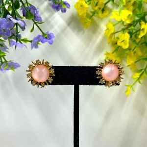 Bubblegum Pink Stone and Crystal Halo Vintage Screw Back Earrings